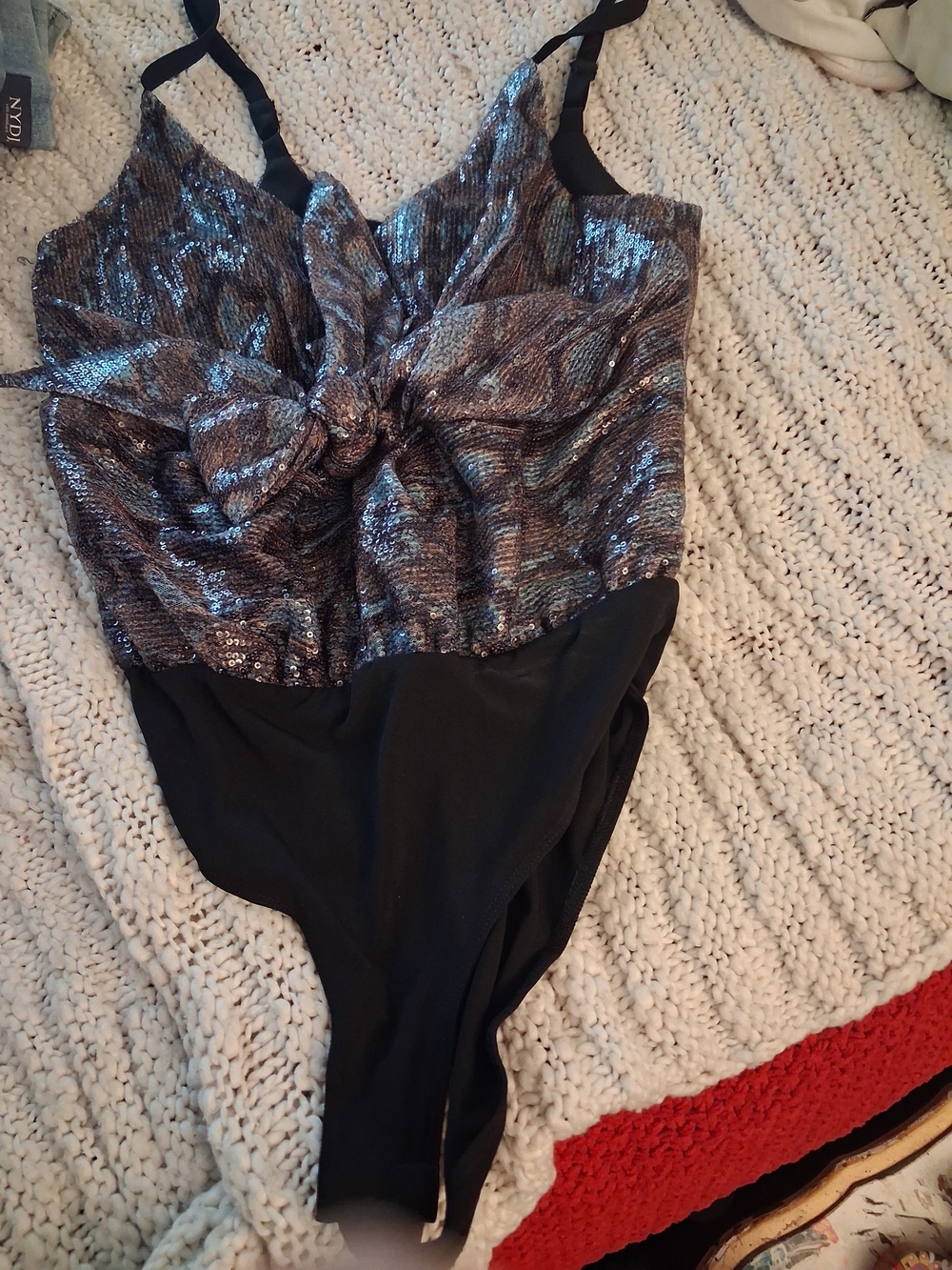 J.O.A. Silver Sequin Twist-Front One-Piece Swimsuit with Black Bottom